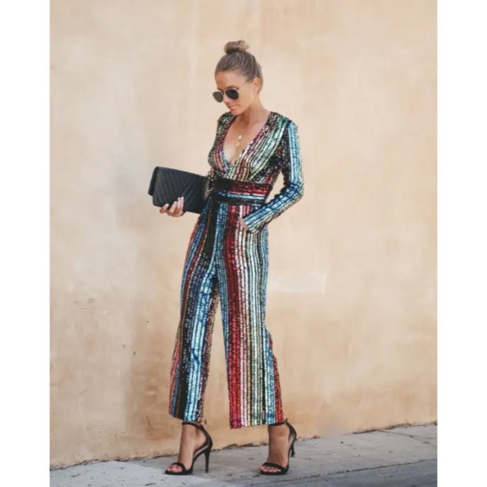 Vici Multicolor Sequin Striped Jumpsuit